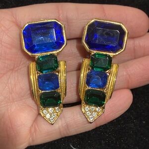 Vintage green & blue rhinestone statement earrings